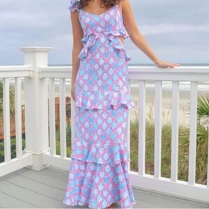 Simply Southern Pink and Blue Shell-Print Ruffle Maxi Dress